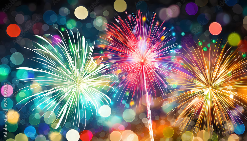 Poster colorful firework with bokeh background. generative ai.