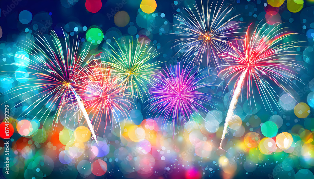 Poster colorful firework with bokeh background. generative ai.