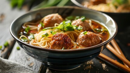 Rice noodles soup with meat ball in a bowl with chopsticks