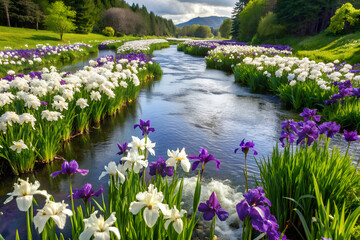 Obraz premium field of white and purple irises next to a flowing river, generative ai