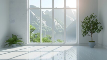 Fototapeta premium Serene Minimalist Room with Stunning Mountain View