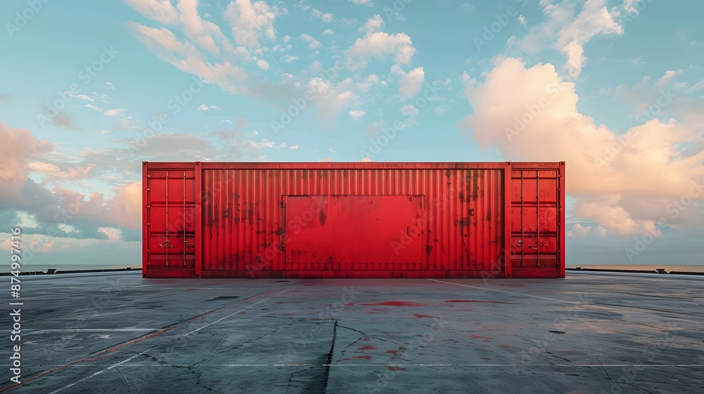Poster red shipping container on an empty concrete platform under a cloudy sky