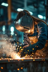 Welder, A determined woman welding metal, Industrial workshop background, woman, 