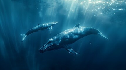 Fototapeta premium Majestic Blue Whale Mother and Calf Explore Sunlit Ocean Depths