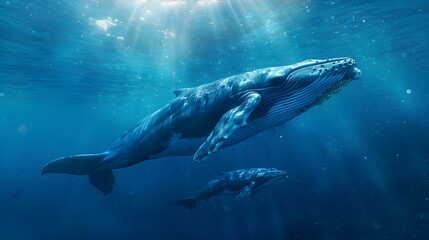 Naklejka premium Majestic Blue Whale Mother and Calf Swimming in Sunlit Ocean Depths