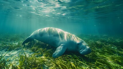 Peaceful Dugong Grazing on Seagrass in Tropical Lagoon Ocean and Marine Life Concept