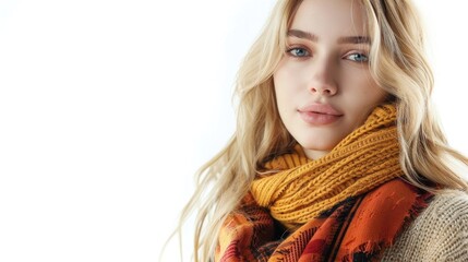 Blonde fashion model in autumn attire isolated on white background
