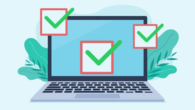 The fields appear on the laptop screen and are then filled with checkmarks. The checkmarks appear sequentially, one after the other. Correct selections. Animation in flat style design.