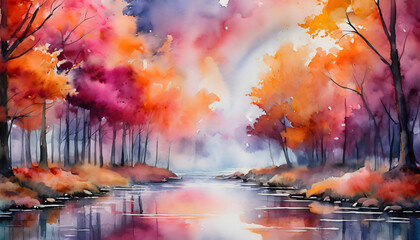 colorful orange pink borders and bright center watercolor paint background. Generative AI.