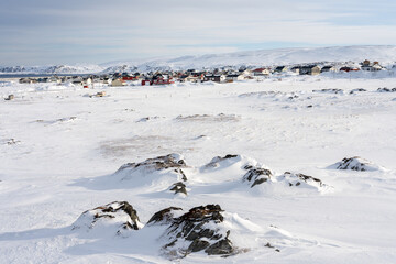 Fototapeta premium Village of Berlevåg seen from the outskirts on a cold winter day, Finnmark, Norway