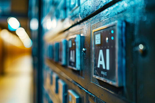 A safety deposit box labeled AI signifies data collection and security in artificial intelligence technology, highlighting the storage of information on cloud systems