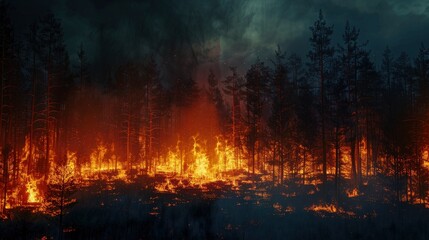 A Forest Fire Burning Wildfire At Night Painted A Scene Of Danger And Destruction