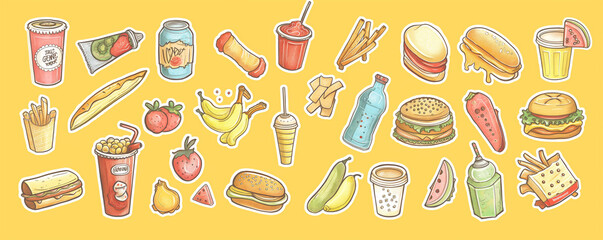 Colorful Array of Food and Beverage Icons in Flat Design