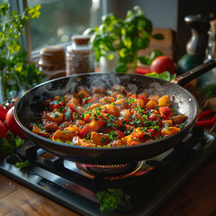 Skillet filled stir fried vegetables including bell peppers, onions, herbs, seasoned sesame seeds