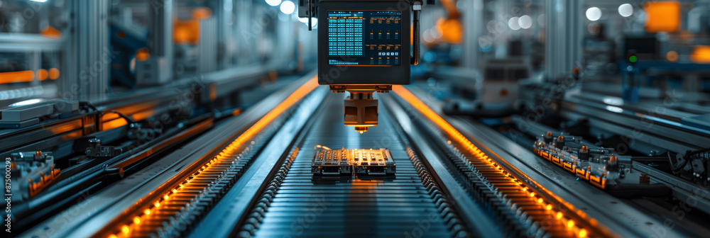 Poster high-tech electronics assembly line with automated soldering and precision circuit board testing