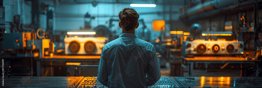 Poster technician operating injection molding machine monitoring gauges and controls in industrial setting