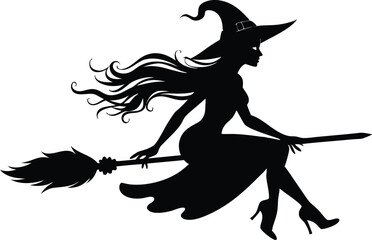 Halloween witch broomstick Vector illustration, Silhouette of a witch flying broomstick isolated on white background.
