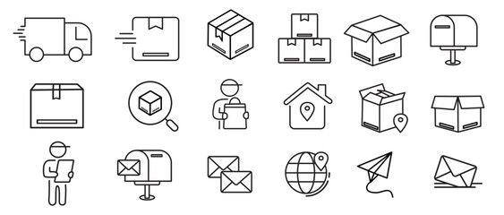 Parcel delivery icon set. Containing package, delivery boxes, cargo, box, cargo distribution, shipment of goods, open package. Thin icon collection. Vector
