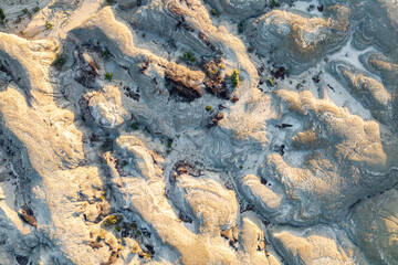 Aerial view of Bisti Badlands showing intricate textures and layers