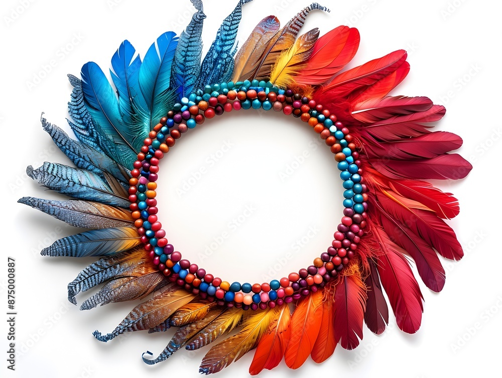 Poster bohemian frame with colorful beads feathers and eclectic textures