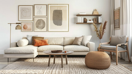 Sleek modern living room with a stylish gallery wall, minimalist decor, and a large window allowing natural light.