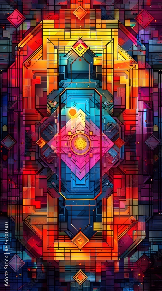 Poster vibrant fractal inspired abstract geometric frame with ornate digital art patterns