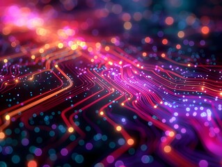 Vibrant Electric Current Flowing Through Intricate Digital Circuit Board