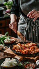 Woman making kimchi cabbage on wooden board, Popular homemade Korean traditional fermented side dish food