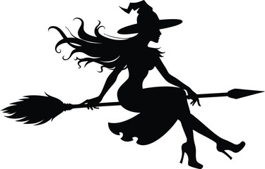 Halloween witch broomstick Vector illustration, Silhouette of a witch flying broomstick isolated on white background.
