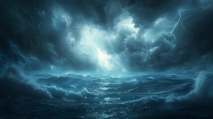 Fototapeta premium Dramatic Electric Storm Raging Over Tumultuous Ocean with Powerful Lightning Bolts Illuminating Dark Cloudy Sky