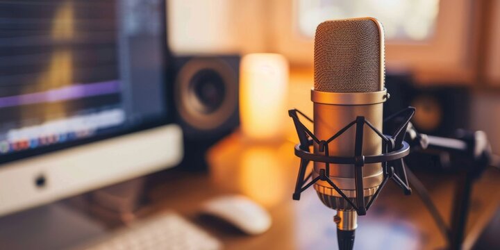 Podcast Enthusiast Recording with Professional Equipment on International Podcast Day, Featuring Live Streaming Setup, Interviews, and Electronic Devices, High-Resolution Wallpaper - Powered by Adobe