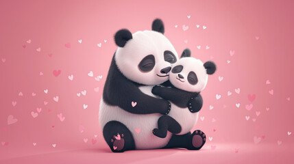 Naklejka premium Cute mother panda hugging a baby panda surrounded by floating pink hearts on a soft pink background. Mother's Day, love, parentchild bond, affection, wildlife photography, animal love concept.