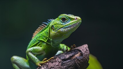 Fototapeta premium A green lizard is sitting on a branch. Generate AI image