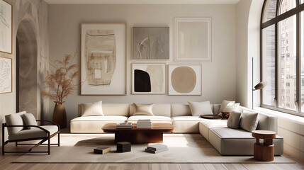 Obraz premium Sleek modern living room with a stylish gallery wall, minimalist decor, and a large window allowing natural light.