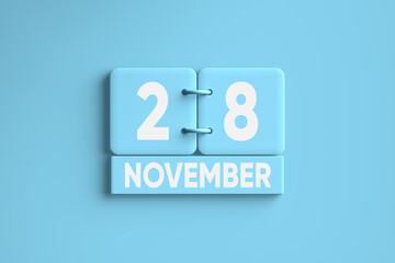 Blue Calendar with November 28 Thanksgiving holiday of the year 2024 on blue background.