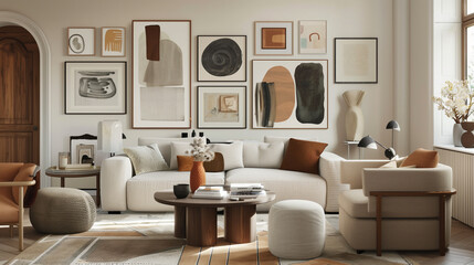 Stylish living room with a well-designed gallery wall, cozy seating, and modern decor elements in a serene palette.