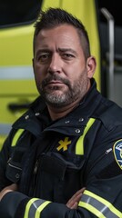 An Emergency Service Member stands outside a building with arms crossed