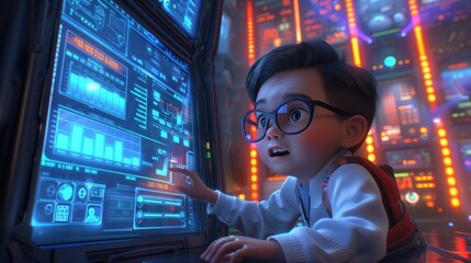 Adorable child with glasses interacting with futuristic screens in a high-tech environment. Engaging and imaginative setting for technology and innovation.