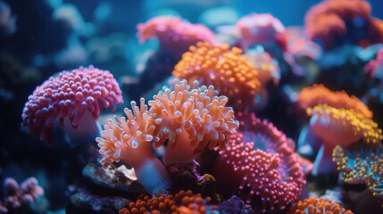 Vibrant underwater coral reef scene with colorful soft corals illuminated by soft light, showcasing the diversity and beauty of marine life.