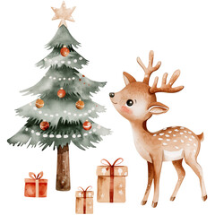 Woodland watercolor baby deer with Christmas tree and gifts