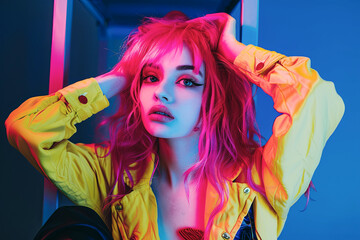Obraz premium A young woman with vibrant pink hair, styled in a bold and playful manner, sits confidently with her hands clasped behind her head, posing for a captivating portrait