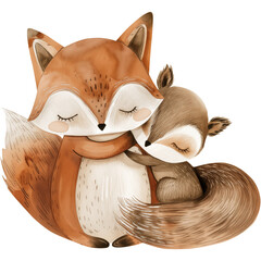 Watercolor fox and baby squirrel, cute woodland friends