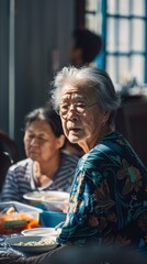 A woman with glasses is seated at a table while eating with other people
