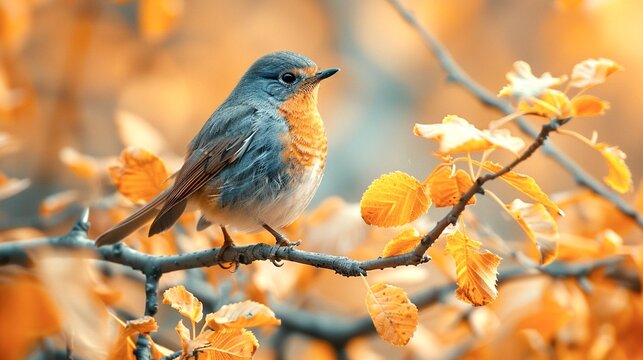 Small blue songbird on autumn branch – fall foliage background, National Bird Day