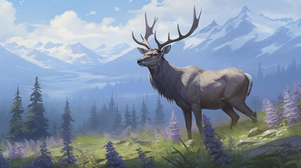 Serene image of a deer grazing in a vibrant field of wildflowers with a forest backdrop, capturing a picturesque moment in nature.