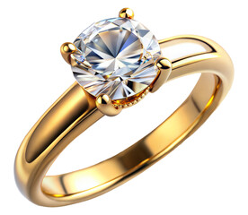 Elegant gold ring with large diamond isolated on transparent background