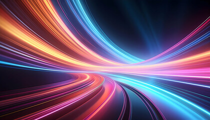 Bright pastel light trails curve dynamically against a dark background, Generative AI.