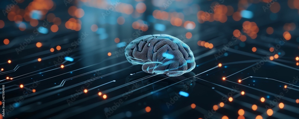 Poster a glowing brain sits on a circuit board, representing artificial intelligence.