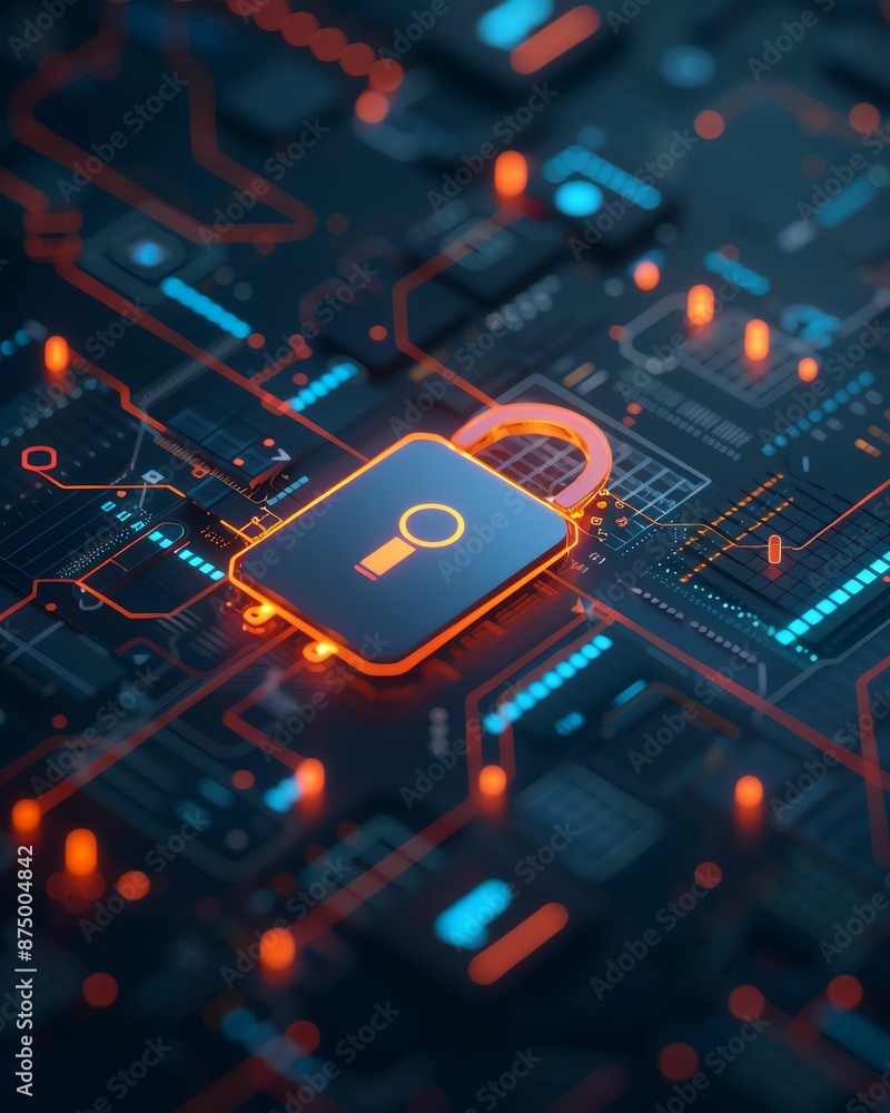 Aufkleber a glowing padlock with a keyhole sits on a circuit board, representing cybersecurity and data protec