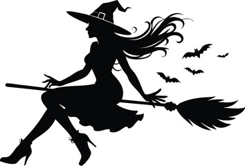 Halloween witch broomstick Vector illustration, Silhouette of a witch flying broomstick isolated on white background.
